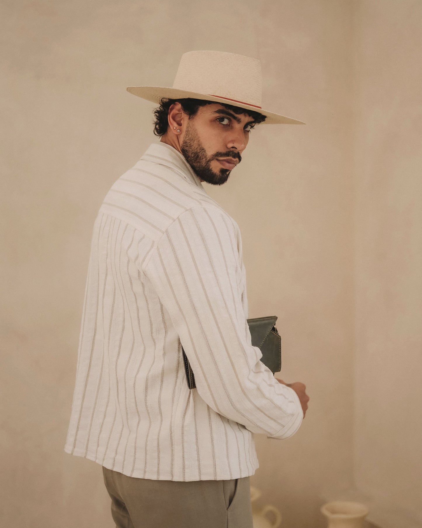 SOBRECAMISA DE LINO - PERLA/LINEAS BEIGE